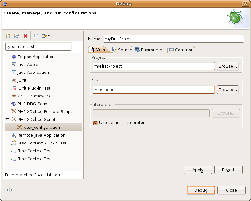 Debug Configuration Window